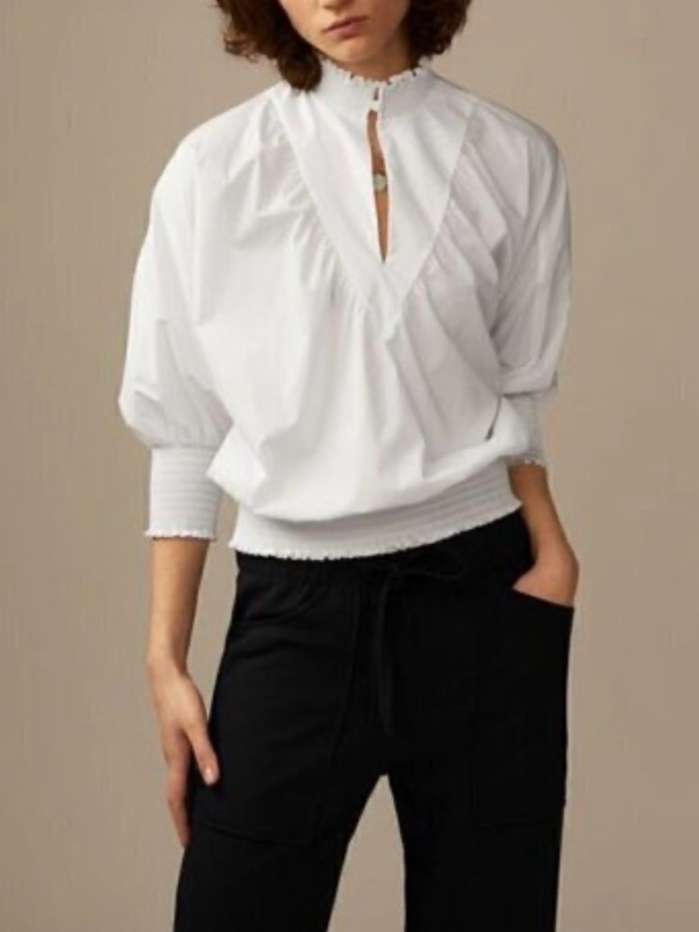 Maje White V-Neck Ruffle Trim Blouse